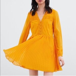 Zara Yellow Mustard Pleated Long Sleeve Dress